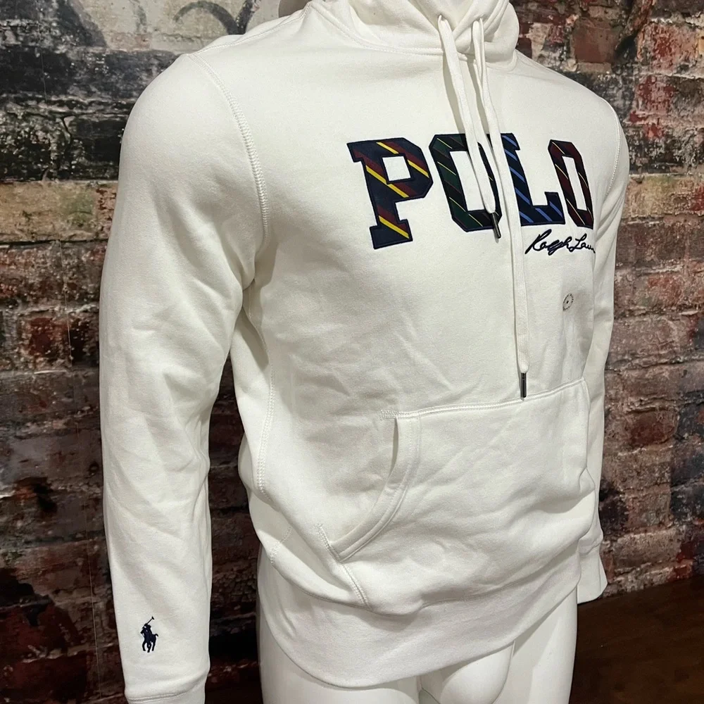 Polo Ralph Lauren Off White Plaid Letterman Hoodie Size Medium - Picture 2 of 5